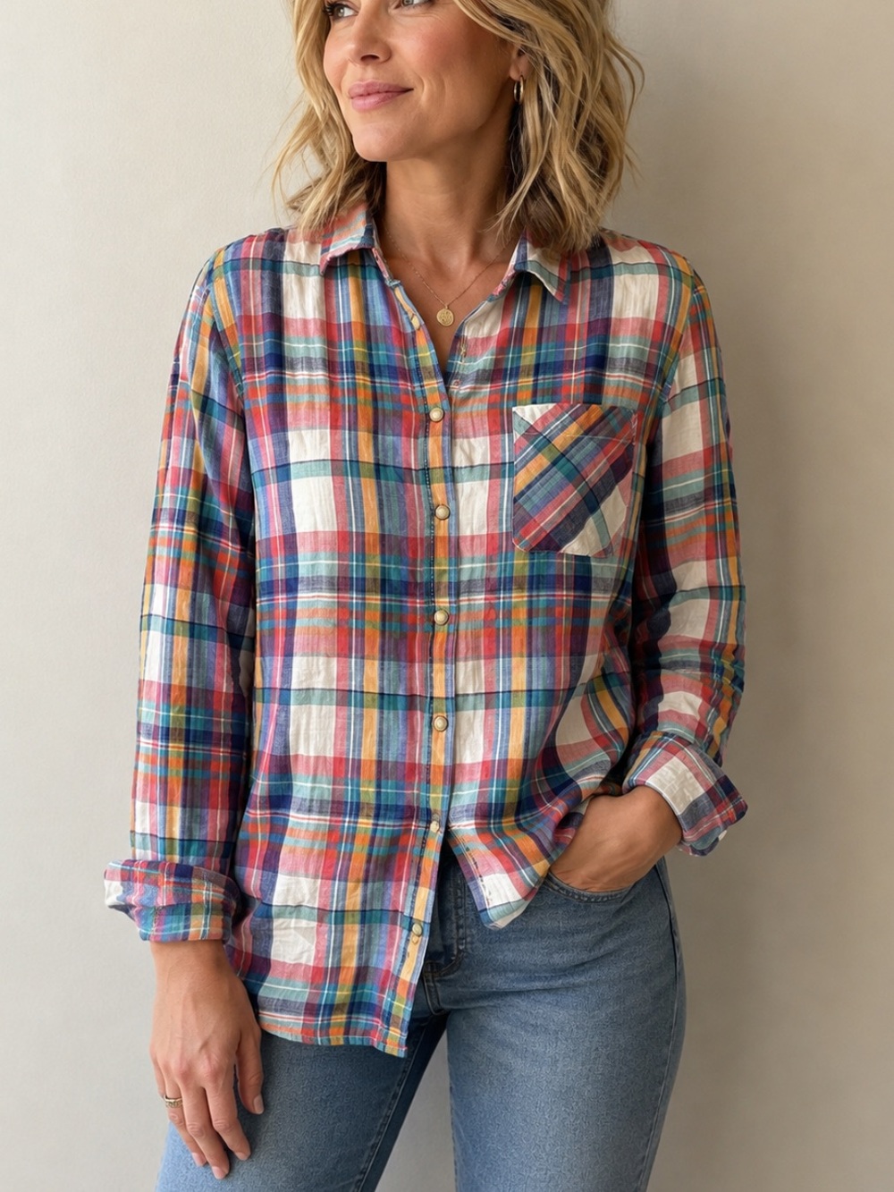TOMMY HILFIGER Shirt Long Sleeve Button Up Plaid Tartan Print Top Cotton Large L